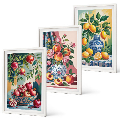 Juego de 3 cuadros Flores y frutas en jarrones