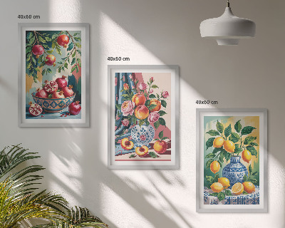 Juego de 3 cuadros Flores y frutas en jarrones