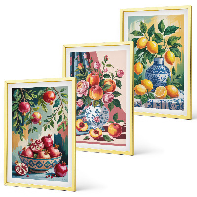 Juego de 3 cuadros Flores y frutas en jarrones