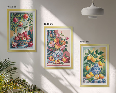 Juego de 3 cuadros Flores y frutas en jarrones