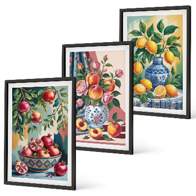 Juego de 3 cuadros Flores y frutas en jarrones