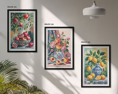 Juego de 3 cuadros Flores y frutas en jarrones