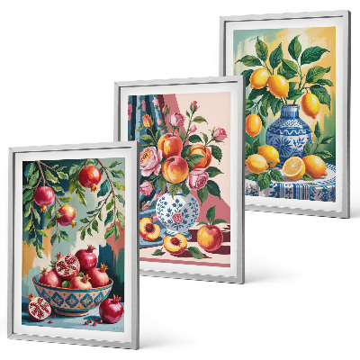 Juego de 3 cuadros Flores y frutas en jarrones