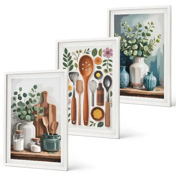 Set de 3 cuadros decorativos para salón con diseño de accesorios de cocina de origen vegetal