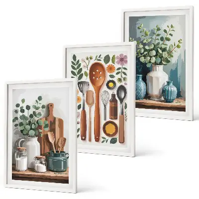 Set de 3 cuadros decorativos para salón con diseño de accesorios de cocina de origen vegetal
