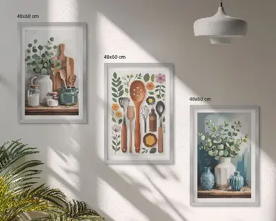 Set de 3 cuadros decorativos para salón con diseño de accesorios de cocina de origen vegetal