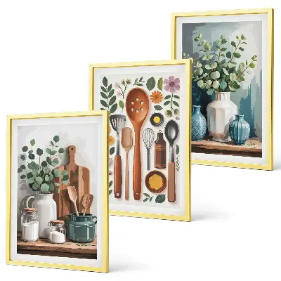Set de 3 cuadros decorativos para salón con diseño de accesorios de cocina de origen vegetal