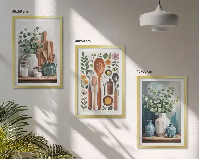 Set de 3 cuadros decorativos para salón con diseño de accesorios de cocina de origen vegetal