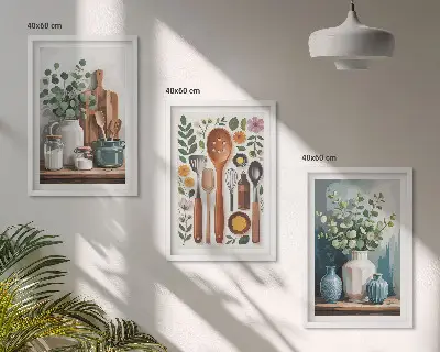 Set de 3 cuadros decorativos para salón con diseño de accesorios de cocina de origen vegetal