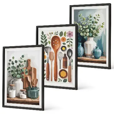 Set de 3 cuadros decorativos para salón con diseño de accesorios de cocina de origen vegetal