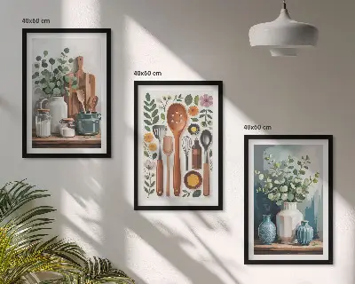 Set de 3 cuadros decorativos para salón con diseño de accesorios de cocina de origen vegetal