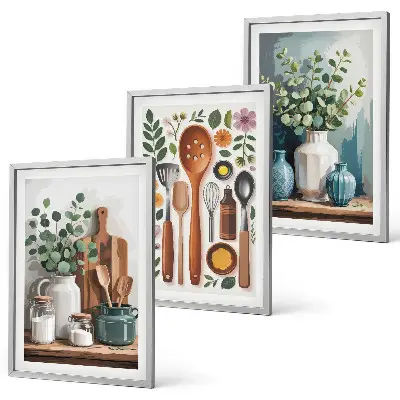 Set de 3 cuadros decorativos para salón con diseño de accesorios de cocina de origen vegetal