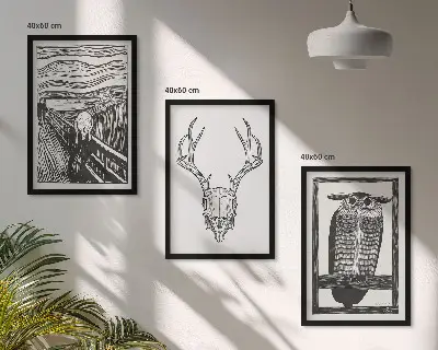 Juego de 3 cuadros con diseño de gráficos de búho calavera gritando