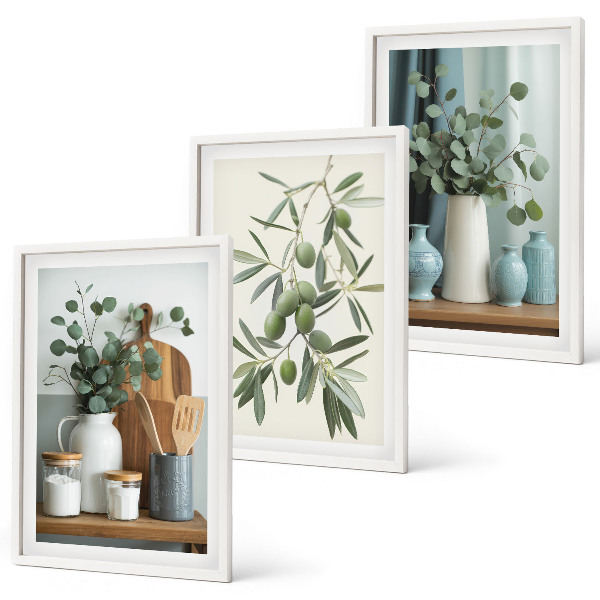 Set de 3 cuadros para salón Aceitunas verdes de eucalipto