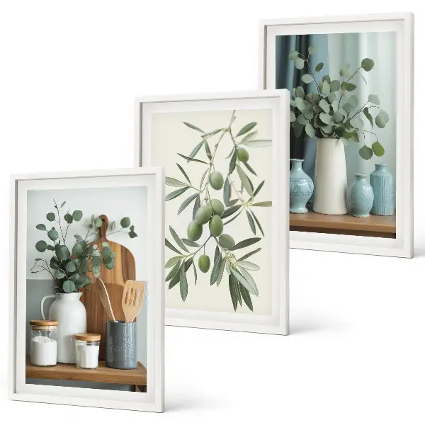 Set de 3 cuadros para salón con diseño de ramas de eucalipto y aceitunas