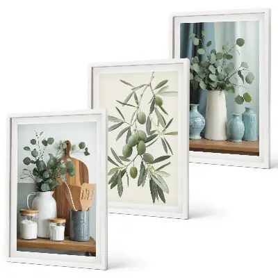 Set de 3 cuadros para salón con diseño de ramas de eucalipto y aceitunas