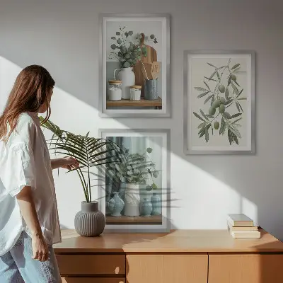Set de 3 cuadros para salón con diseño de ramas de eucalipto y aceitunas