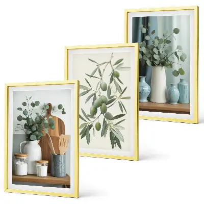 Set de 3 cuadros para salón con diseño de ramas de eucalipto y aceitunas