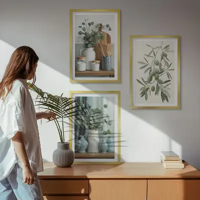 Set de 3 cuadros para salón con diseño de ramas de eucalipto y aceitunas