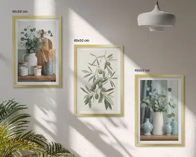 Set de 3 cuadros para salón con diseño de ramas de eucalipto y aceitunas