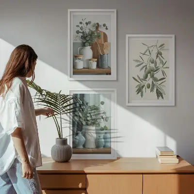 Set de 3 cuadros para salón con diseño de ramas de eucalipto y aceitunas