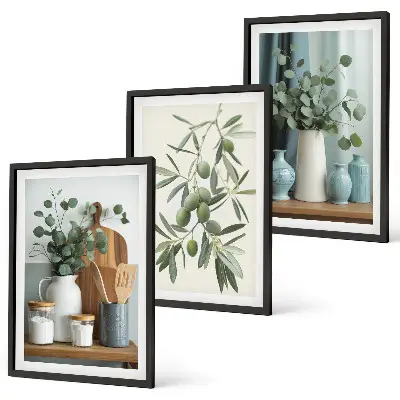 Set de 3 cuadros para salón con diseño de ramas de eucalipto y aceitunas
