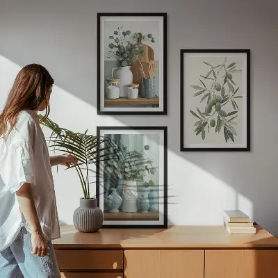 Set de 3 cuadros para salón con diseño de ramas de eucalipto y aceitunas