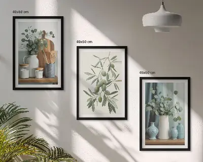 Set de 3 cuadros para salón con diseño de ramas de eucalipto y aceitunas