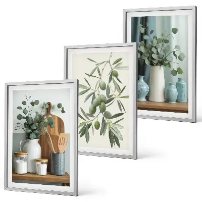 Set de 3 cuadros para salón con diseño de ramas de eucalipto y aceitunas