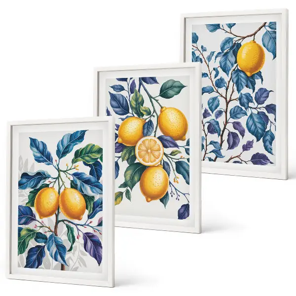 Juego de 3 cuadros con diseño de ramas de limón y hojas azules