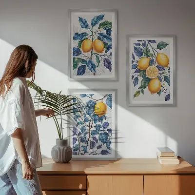 Juego de 3 cuadros con diseño de ramas de limón y hojas azules