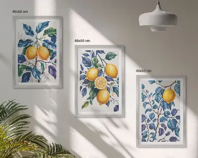 Juego de 3 cuadros con diseño de ramas de limón y hojas azules