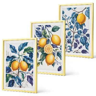 Juego de 3 cuadros con diseño de ramas de limón y hojas azules