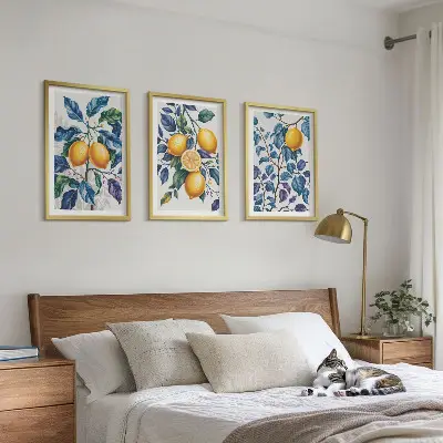 Juego de 3 cuadros con diseño de ramas de limón y hojas azules