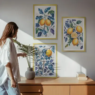 Juego de 3 cuadros con diseño de ramas de limón y hojas azules