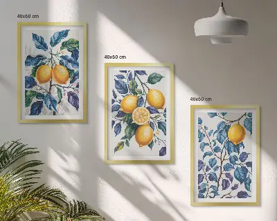 Juego de 3 cuadros con diseño de ramas de limón y hojas azules