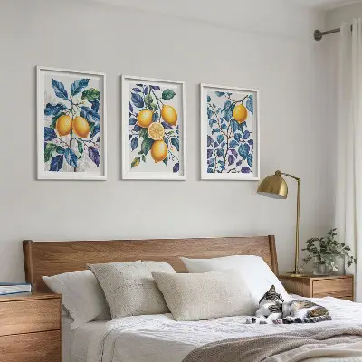Juego de 3 cuadros con diseño de ramas de limón y hojas azules