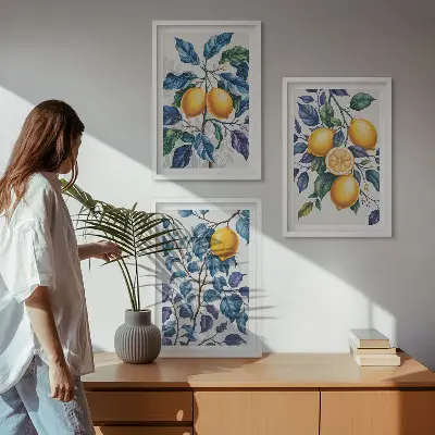 Juego de 3 cuadros con diseño de ramas de limón y hojas azules