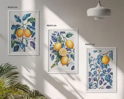 Juego de 3 cuadros con diseño de ramas de limón y hojas azules