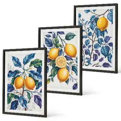 Juego de 3 cuadros con diseño de ramas de limón y hojas azules