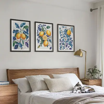 Juego de 3 cuadros con diseño de ramas de limón y hojas azules