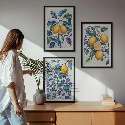 Juego de 3 cuadros con diseño de ramas de limón y hojas azules