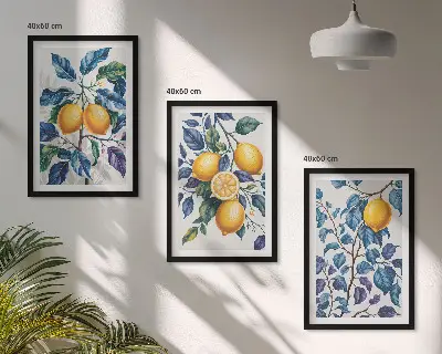 Juego de 3 cuadros con diseño de ramas de limón y hojas azules