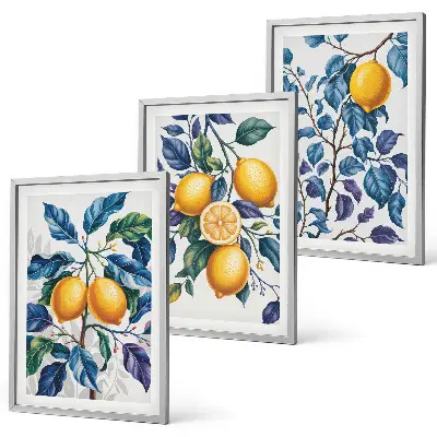 Juego de 3 cuadros con diseño de ramas de limón y hojas azules