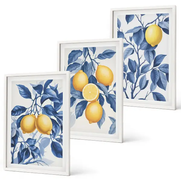 Set de 3 cuadros para salón con diseño de ramas de limón y hojas azules