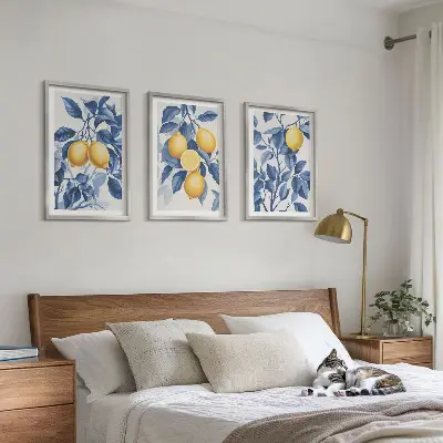 Set de 3 cuadros para salón con diseño de ramas de limón y hojas azules