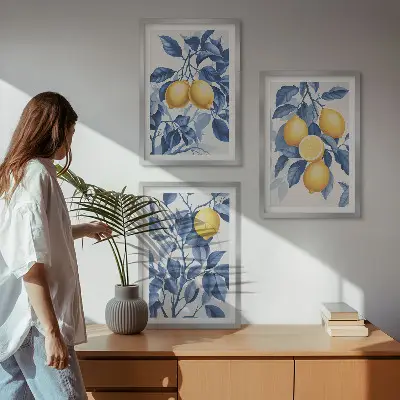 Set de 3 cuadros para salón con diseño de ramas de limón y hojas azules