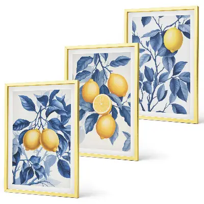 Set de 3 cuadros para salón con diseño de ramas de limón y hojas azules
