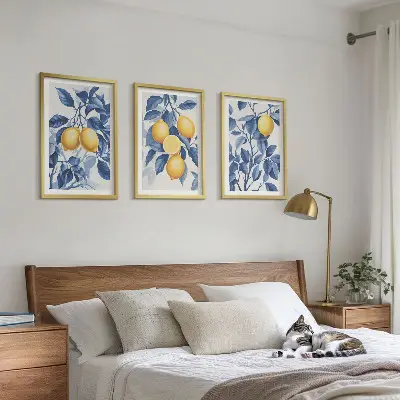 Set de 3 cuadros para salón con diseño de ramas de limón y hojas azules
