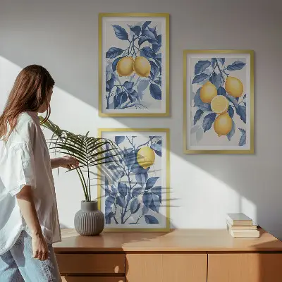 Set de 3 cuadros para salón con diseño de ramas de limón y hojas azules